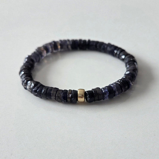 Handmade Iolite faceted bracelet with deep violet-blue 6mm heishi beads and gold or stainless steel accent, a calming crystal bracelet for intuition and emotional balance