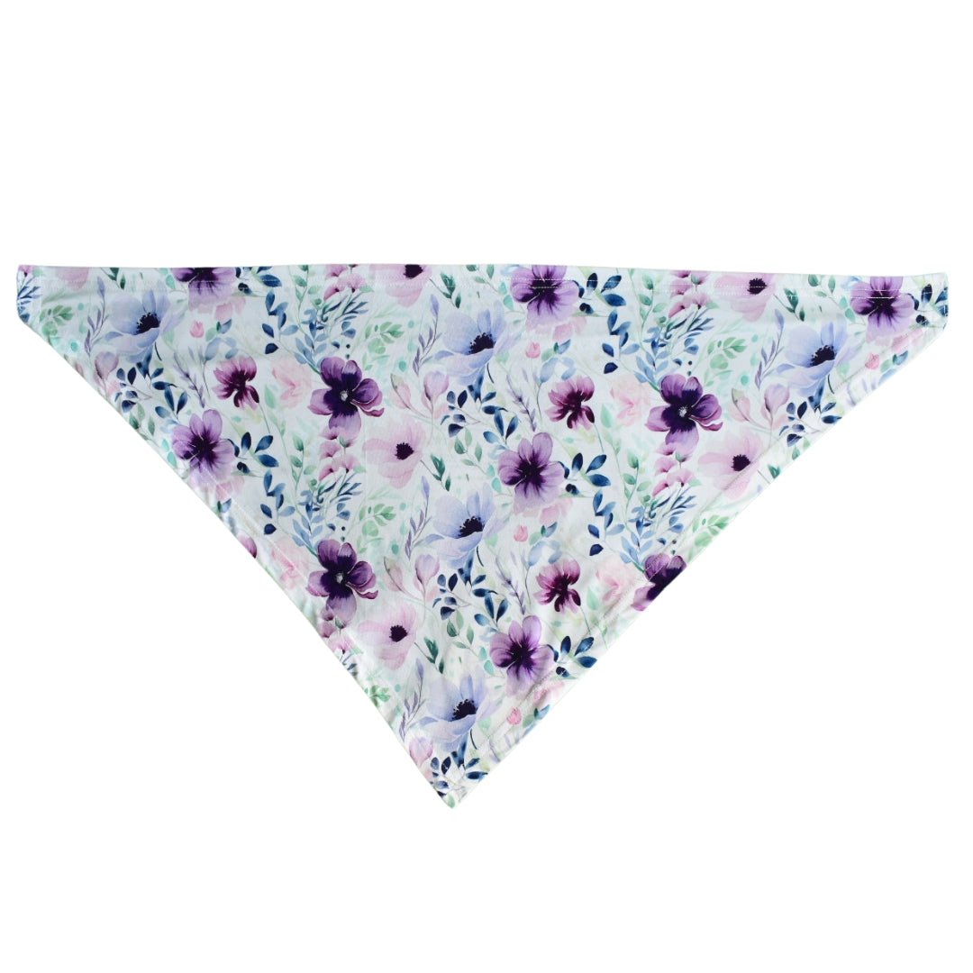 dog wearing bamboo bandana purple floral print soft breathable pet accessory matching family