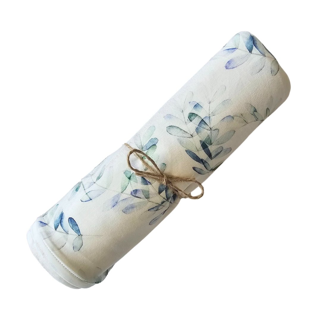 Soft bamboo newborn swaddle blanket with eucalyptus print, breathable baby wrap for newborn photos, coming home outfit, and baby shower gift